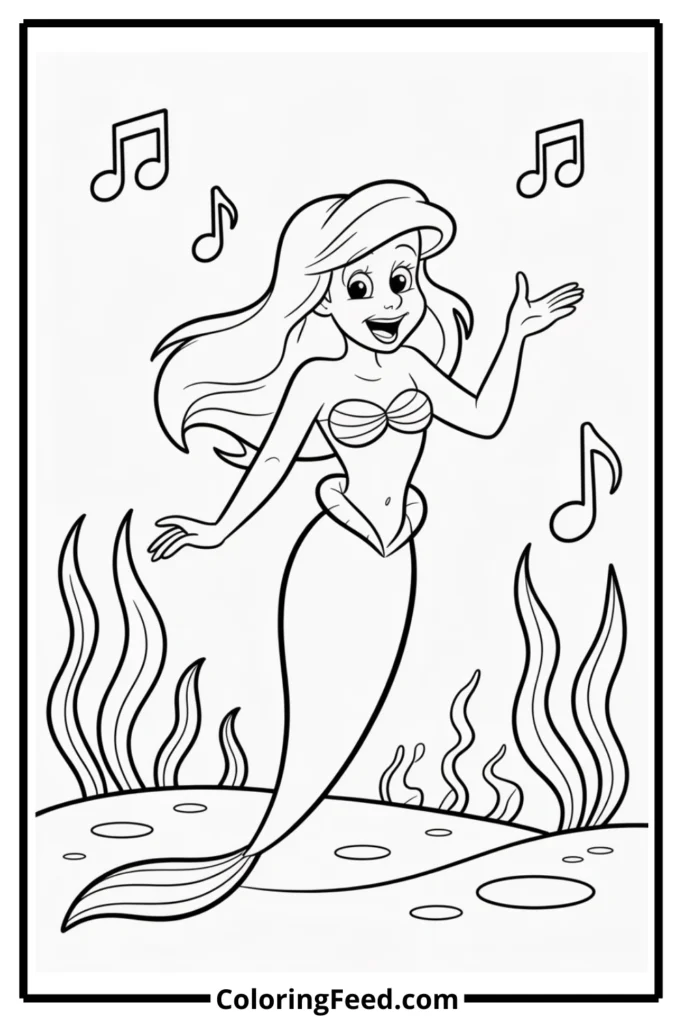 Ariel Singing with Musical Notes Coloring Page