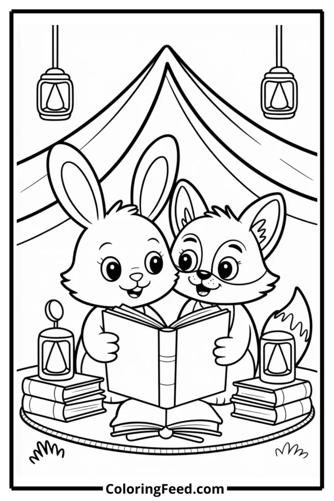 Bunny and Fox Reading Coloring Page