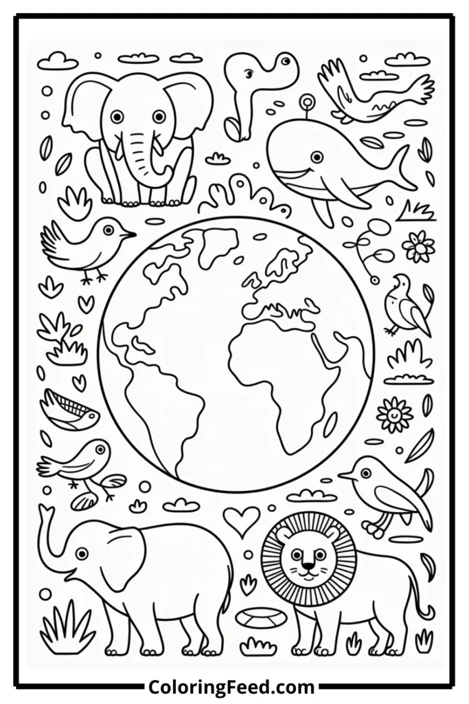 Earth with Animals Coloring Pages