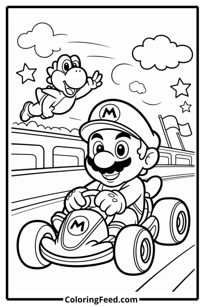 Mario Riding Kart with Yoshi Coloring Page