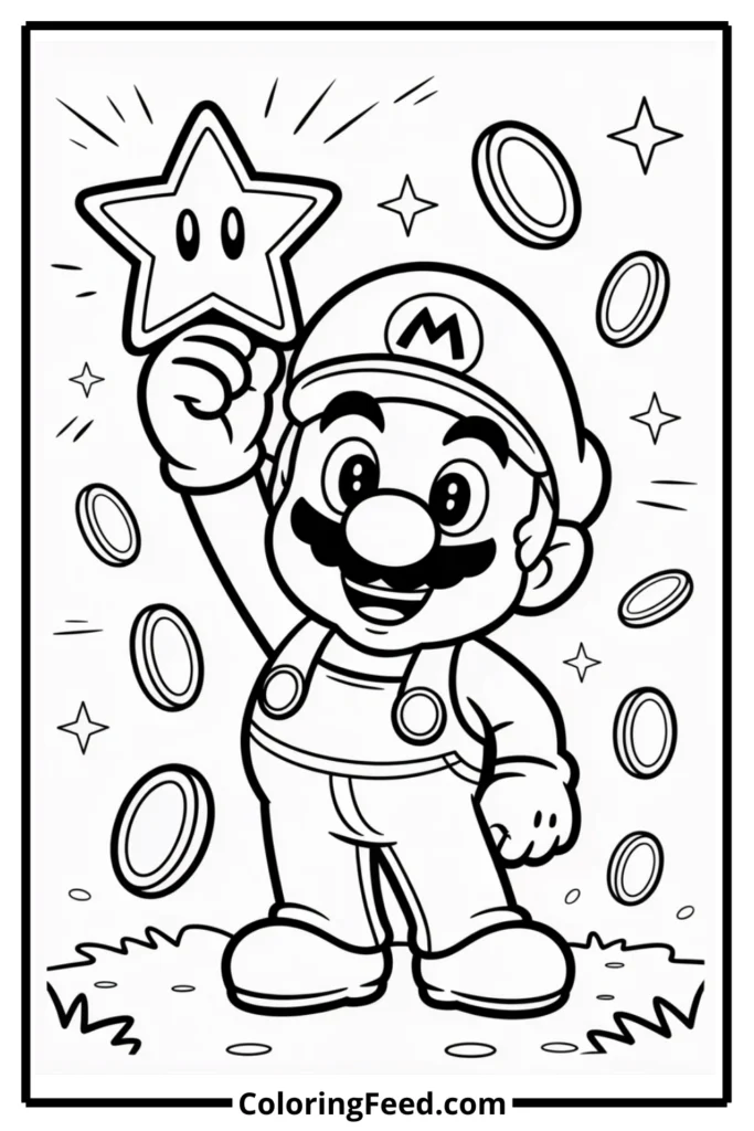 Mario with Super Star Coloring Page