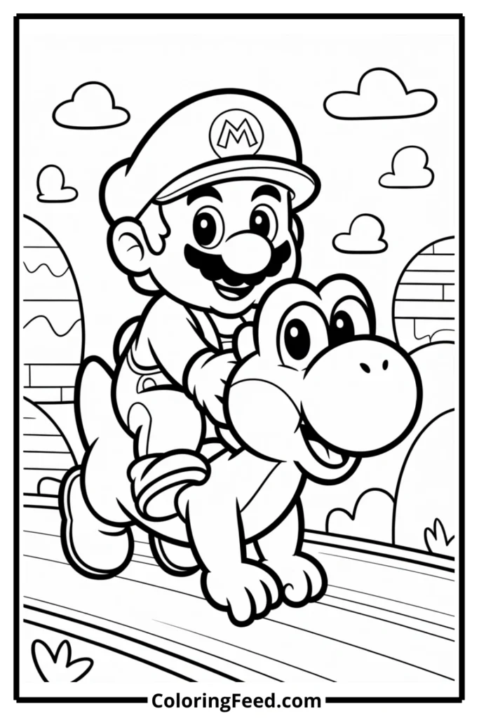 Mario with Yoshi Coloring Page