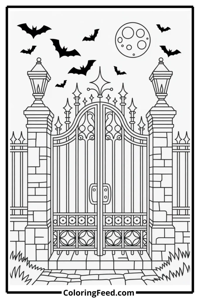 Moonlit Cemetery Gate Coloring Page