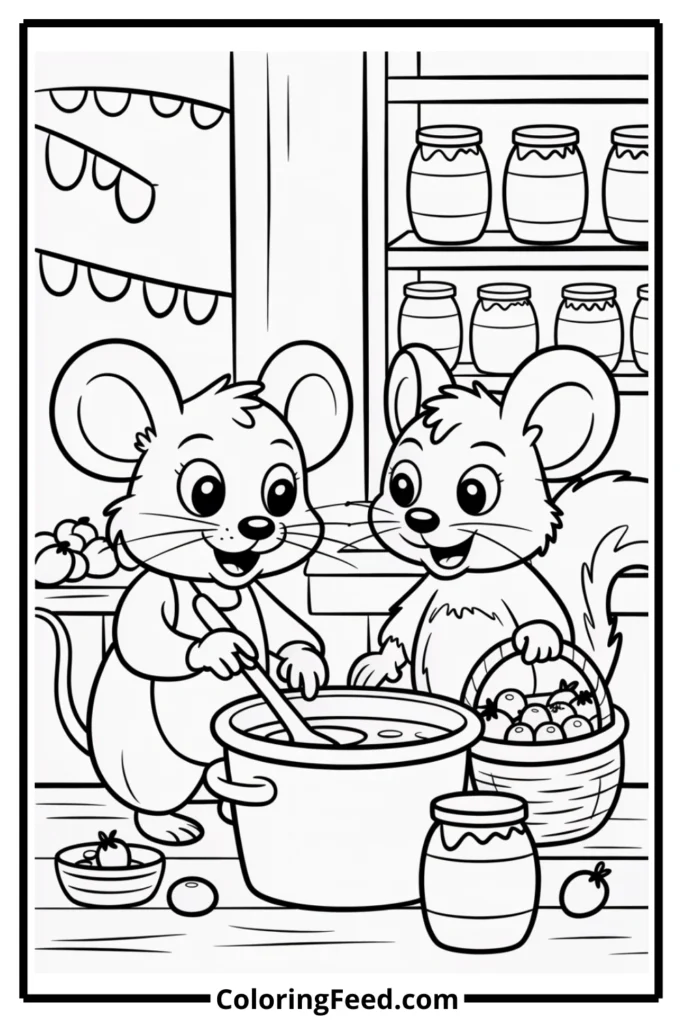 Mouse and Squirrel Jam Making Coloring Page