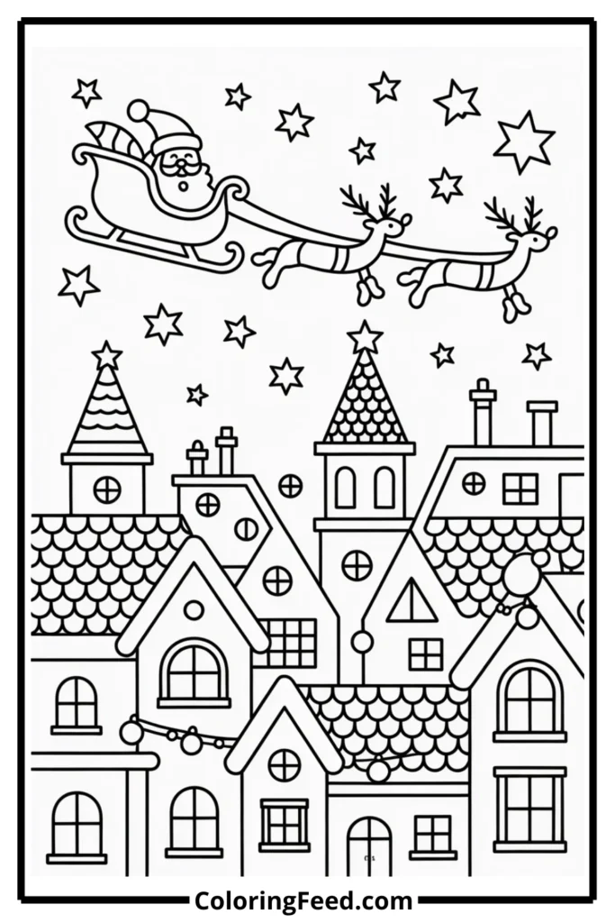 Santa Flying Over City Coloring Pages