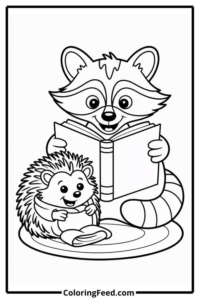 Fox and hedgedog reading coloring page