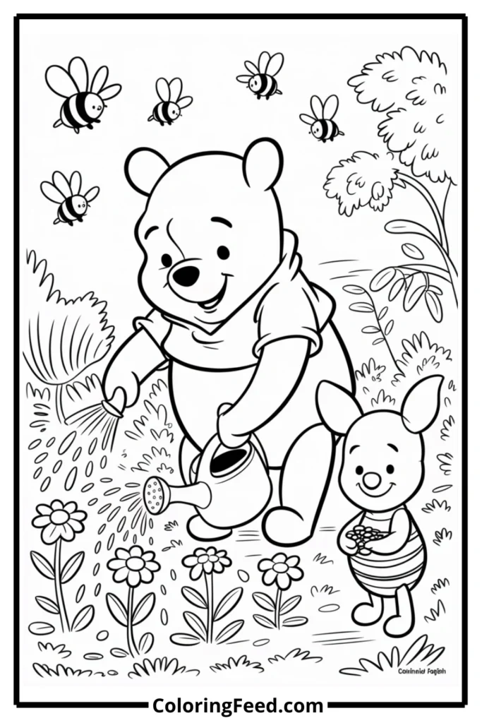Winnie the Pooh in the Garden Coloring Page