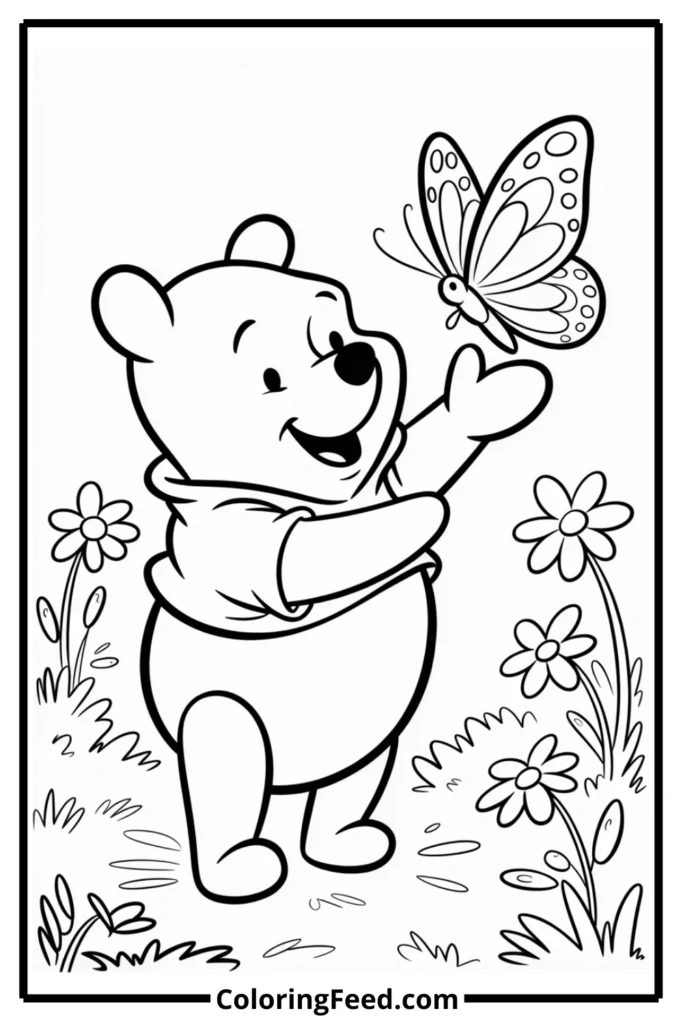 Winnie the Pooh with Butterfly Coloring Page
