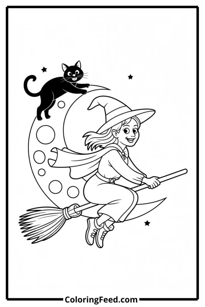 Witch on Broom Coloring Pages