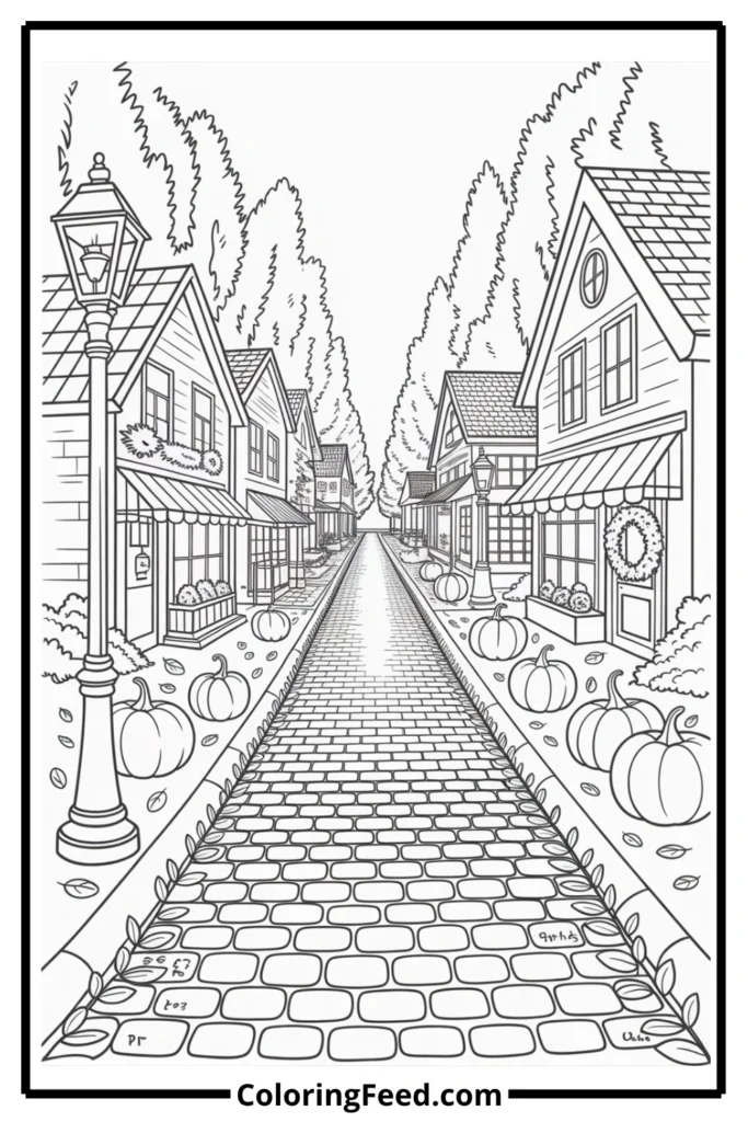 Autumn Village Street Coloring Page