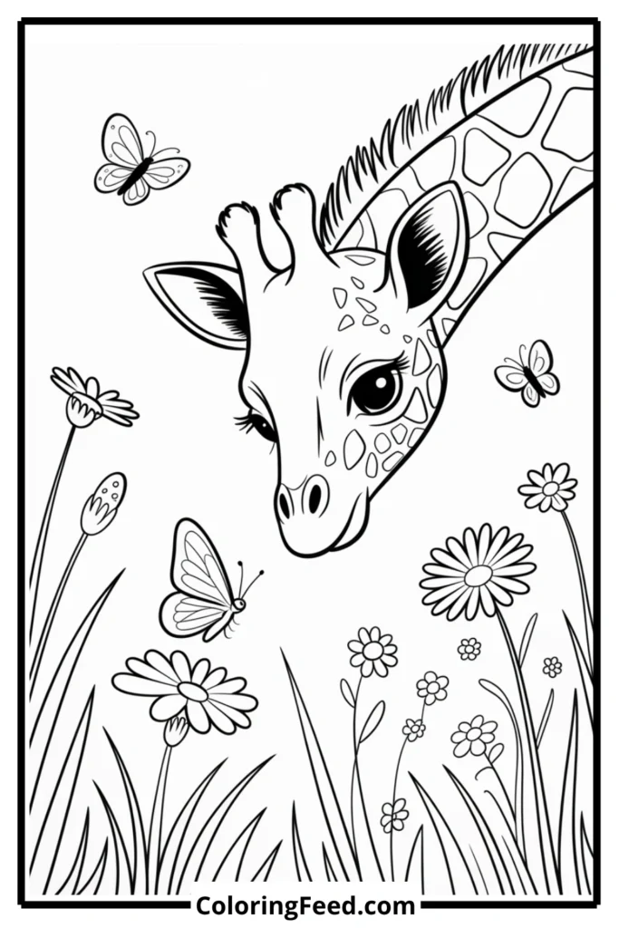 Baby Giraffe and Butterfly Meadow Coloring Page
