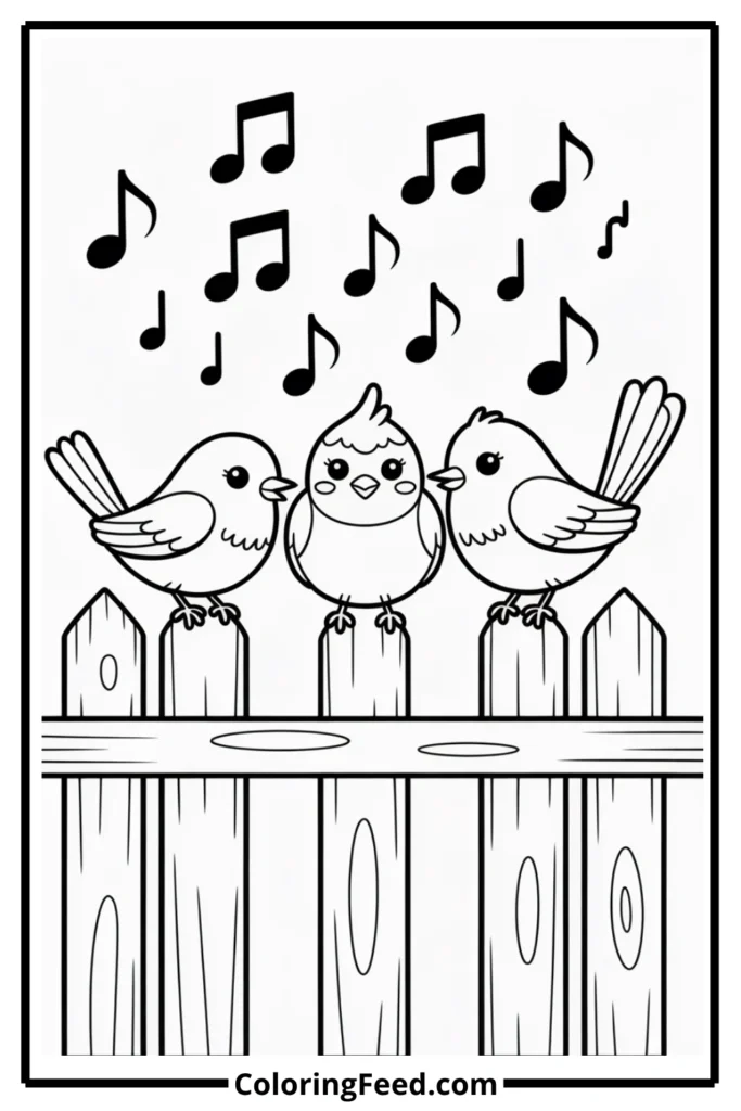 Birds Singing on Fence Coloring Page
