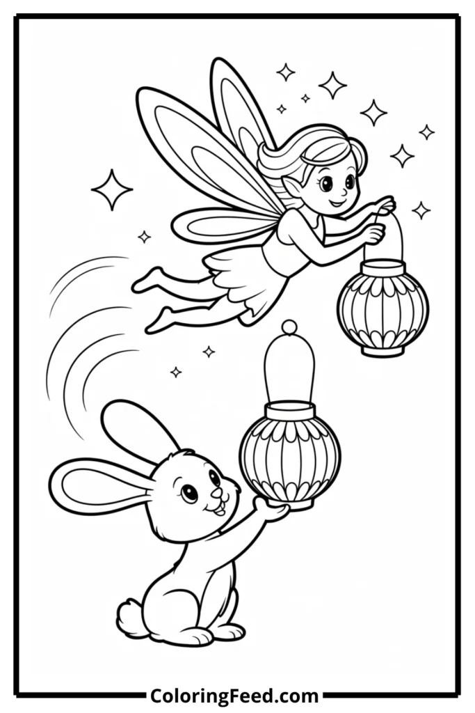 Bunny and Fairy Hanging Lanterns Coloring Page