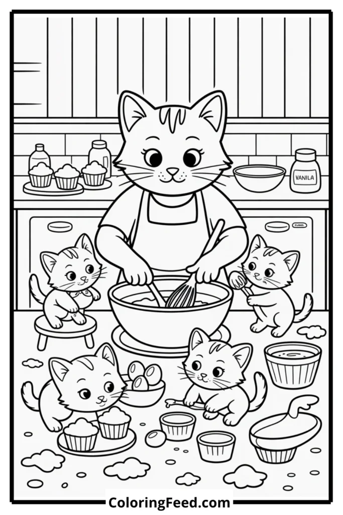 Cat Family Baking Cake Coloring Page