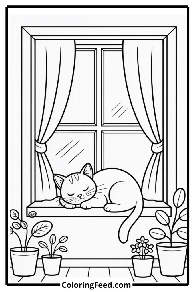 Cat Sleeping on Window Sill Coloring Page