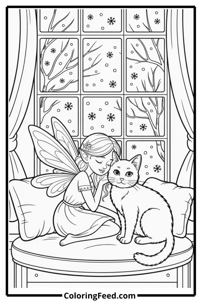 Cat and Fairy Window Reading Coloring Page