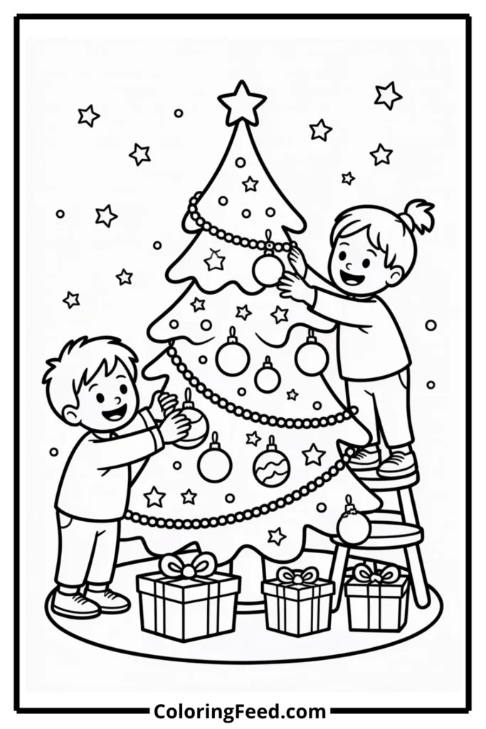 Children Decorating Christmas Tree Coloring Page