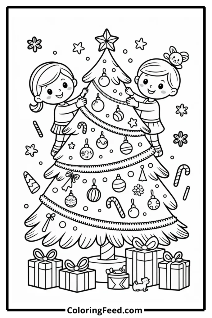 Christmas Tree Decorating December Coloring Pages