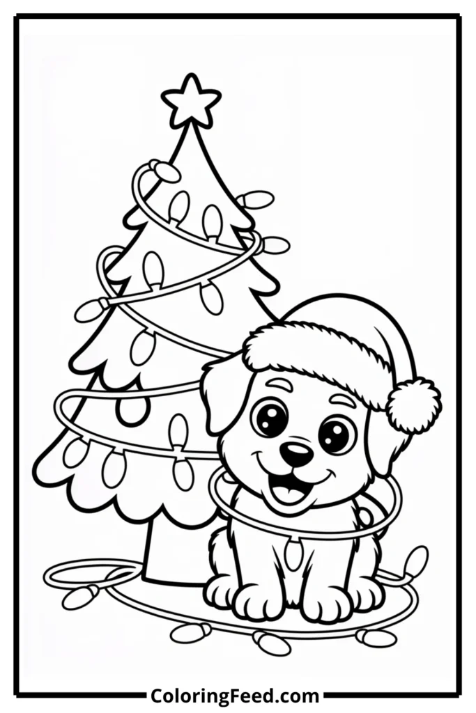 Christmas Tree with Puppy Coloring Page