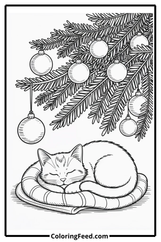Christmas Tree with Sleeping Cat Coloring Page