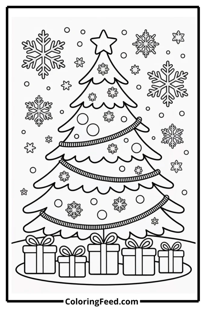 Christmas Tree with Snowflakes Coloring Page