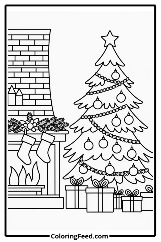 Cozy Cabin Christmas Tree Coloring Page