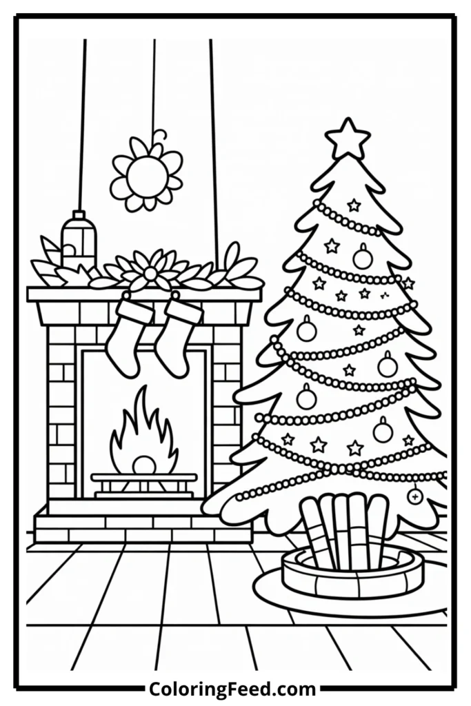 Cozy Fireplace Christmas Tree Coloring Page