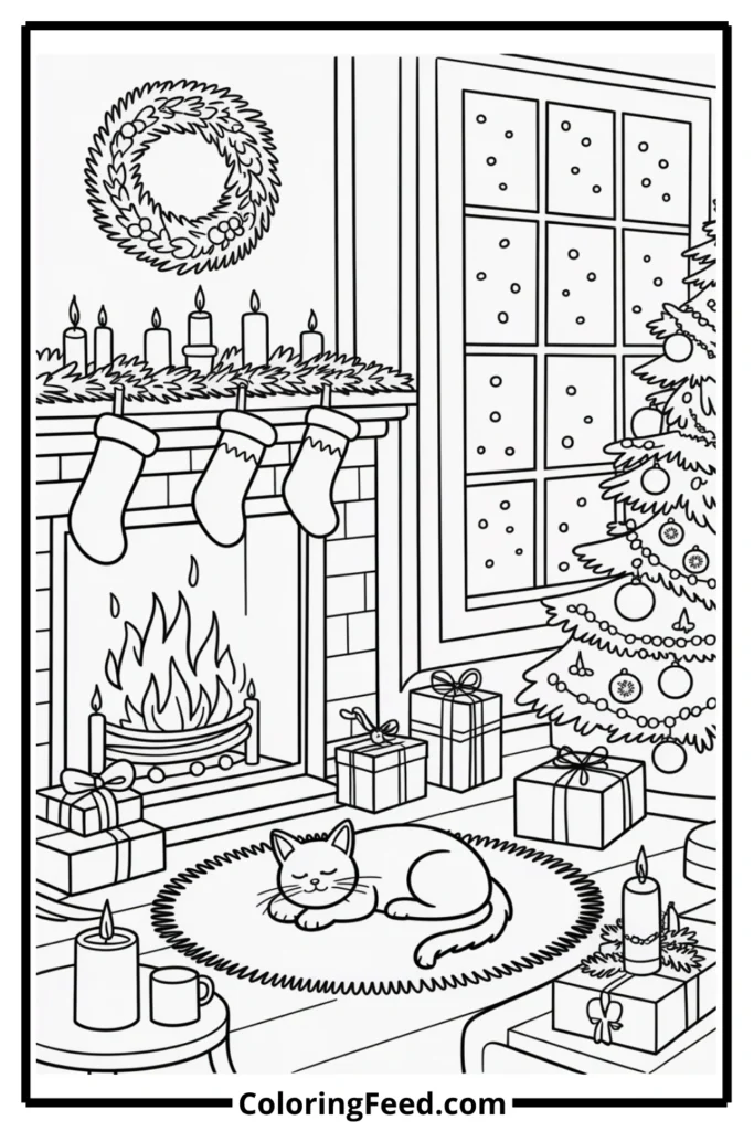 Cozy Fireplace Scene December Coloring Pages