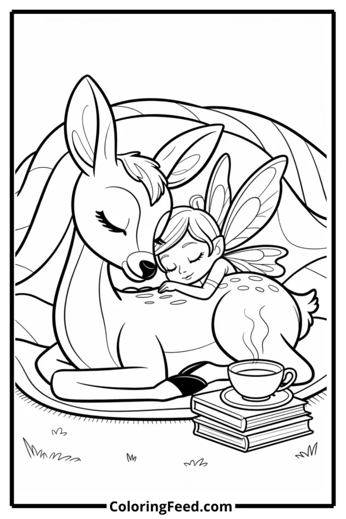 Deer and Fairy Napping Under Blanket Coloring Page