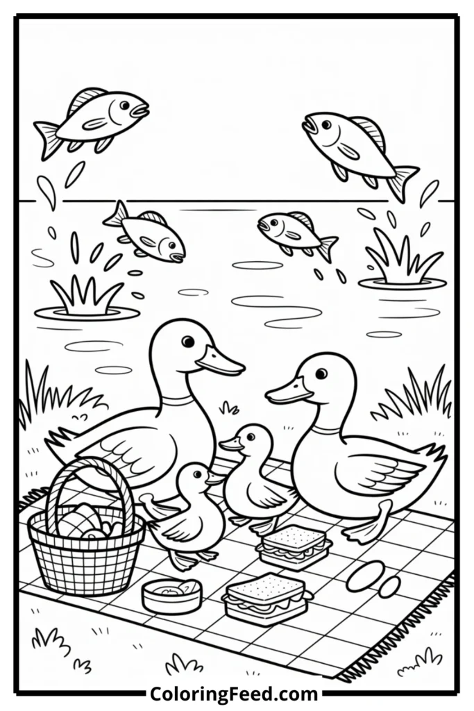 Duck Family Picnic by Lake Coloring Page