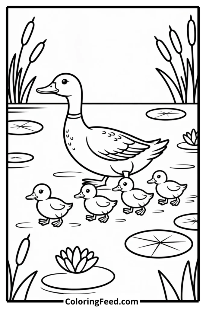 Ducklings Following Mother Duck Coloring Page