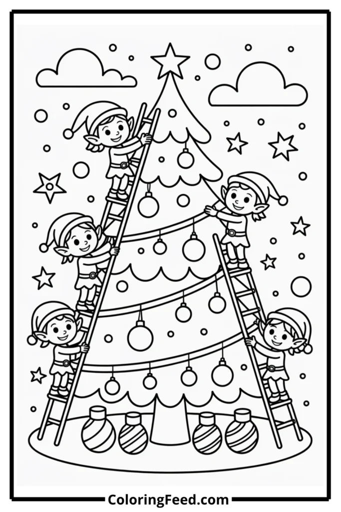 Elf Helpers Christmas Tree Coloring Page