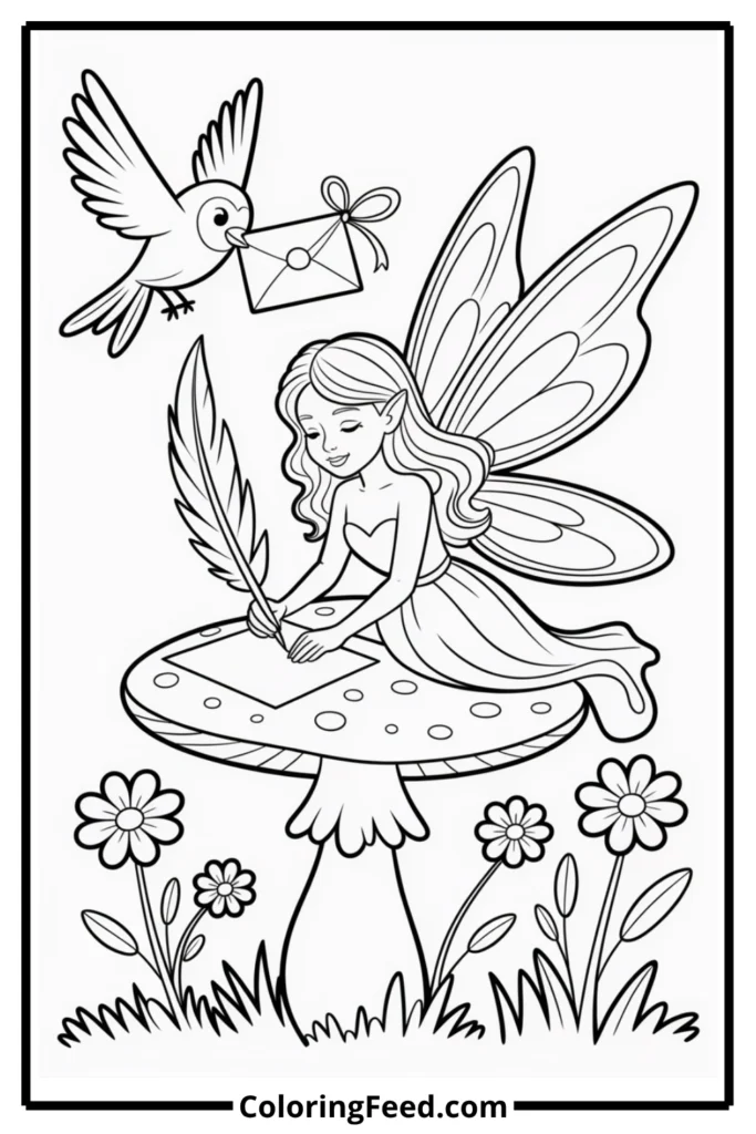 Fairy and Bird Writing Letters Coloring Page