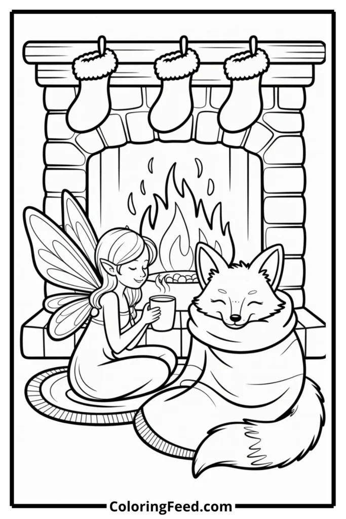 Fairy and Fox by the Fireplace Coloring Page