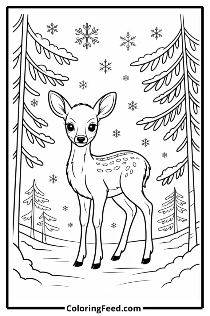 Fawn in Snowy Forest Coloring Page
