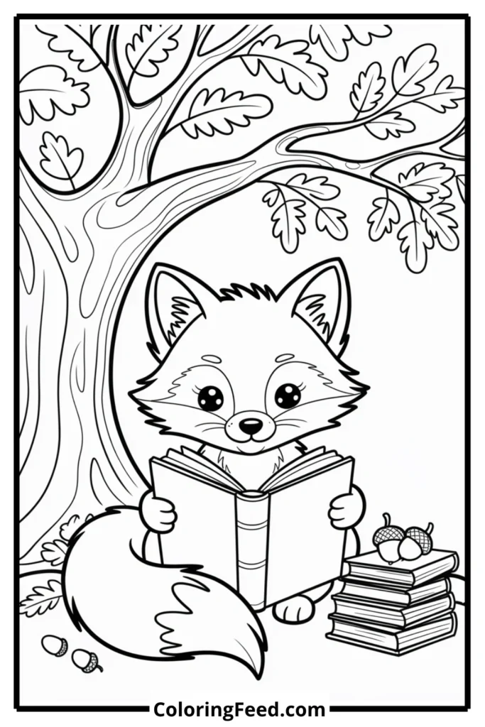 Fox Reading Book Under Tree Coloring Page