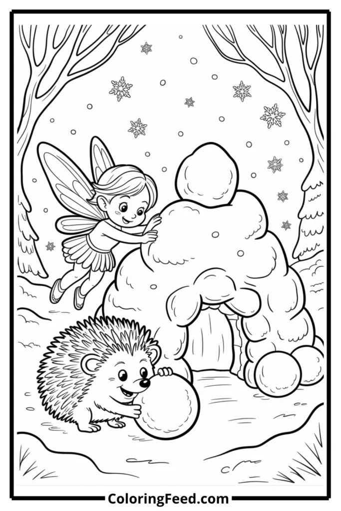 Hedgehog and Fairy Building a Snow Hut Coloring Page