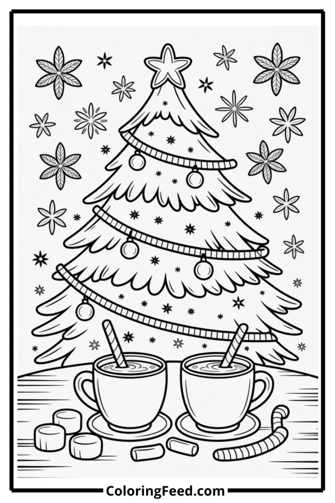 Hot Cocoa Christmas Tree Coloring Page