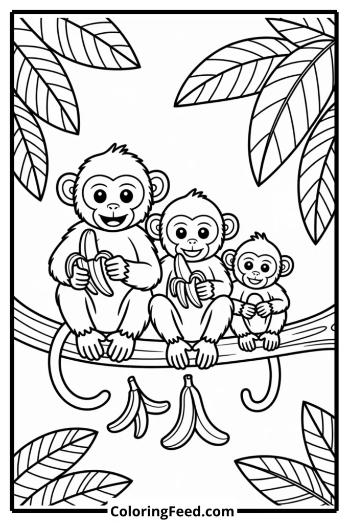 Monkey Family Eating Bananas Coloring Page