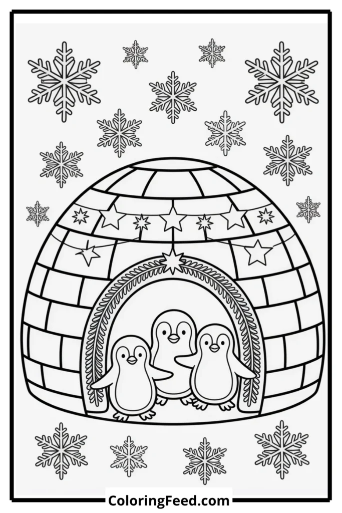 Penguin Family Decorating Igloo Coloring Page