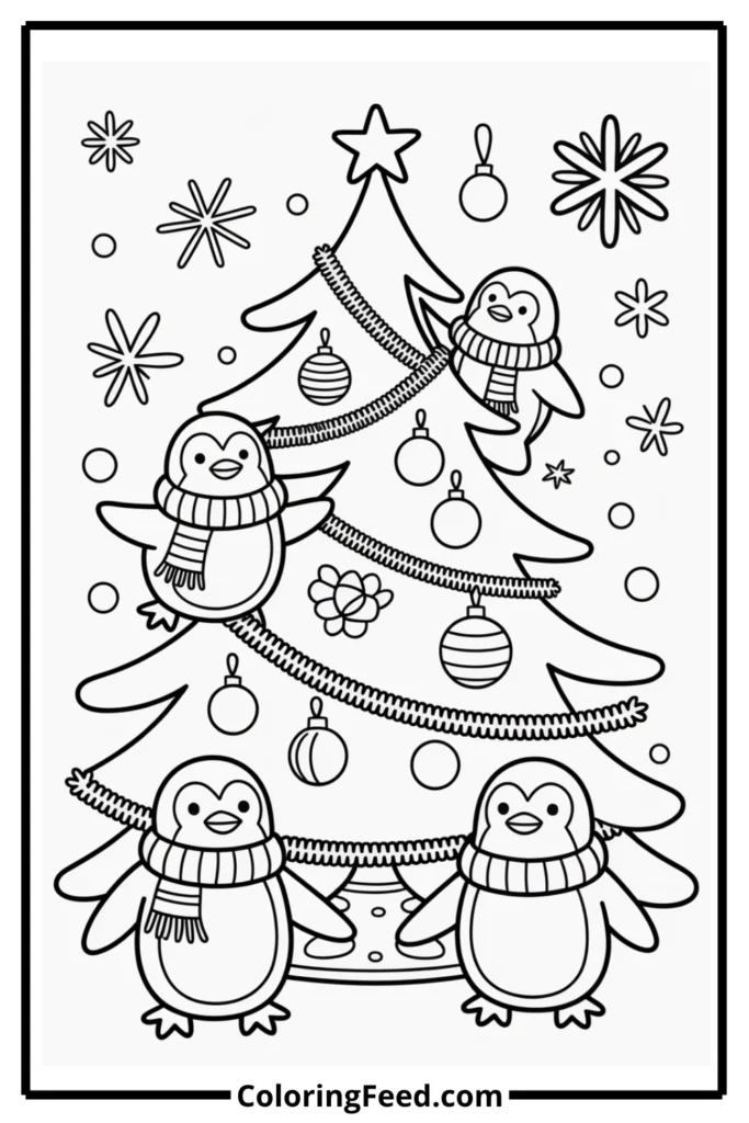 Penguins Christmas Tree Coloring Page