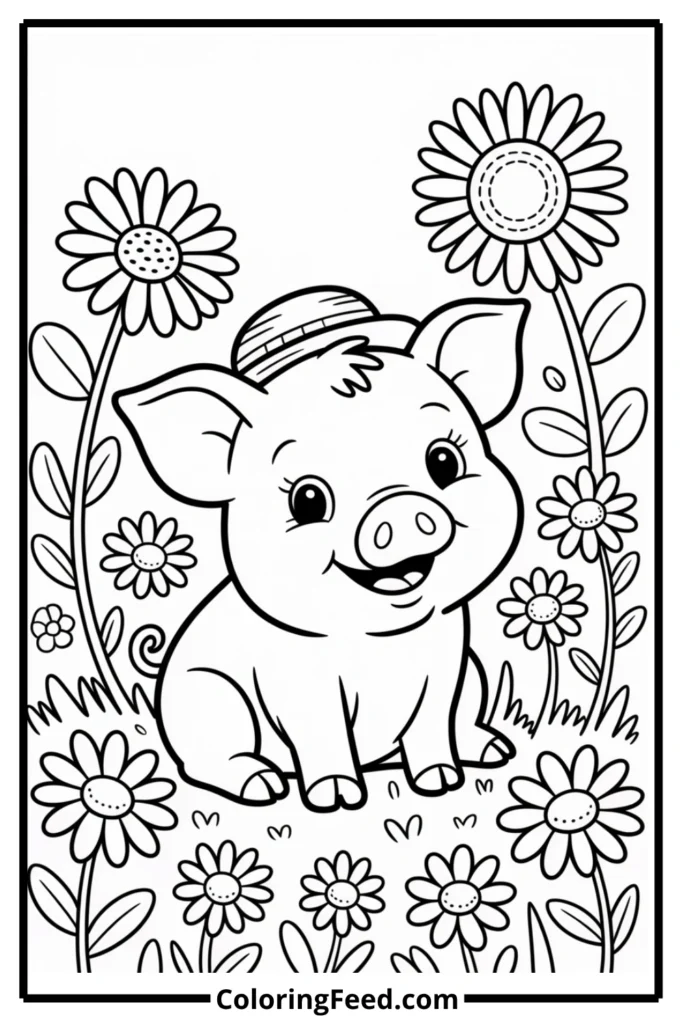 Piglet in Flower Field Coloring Page