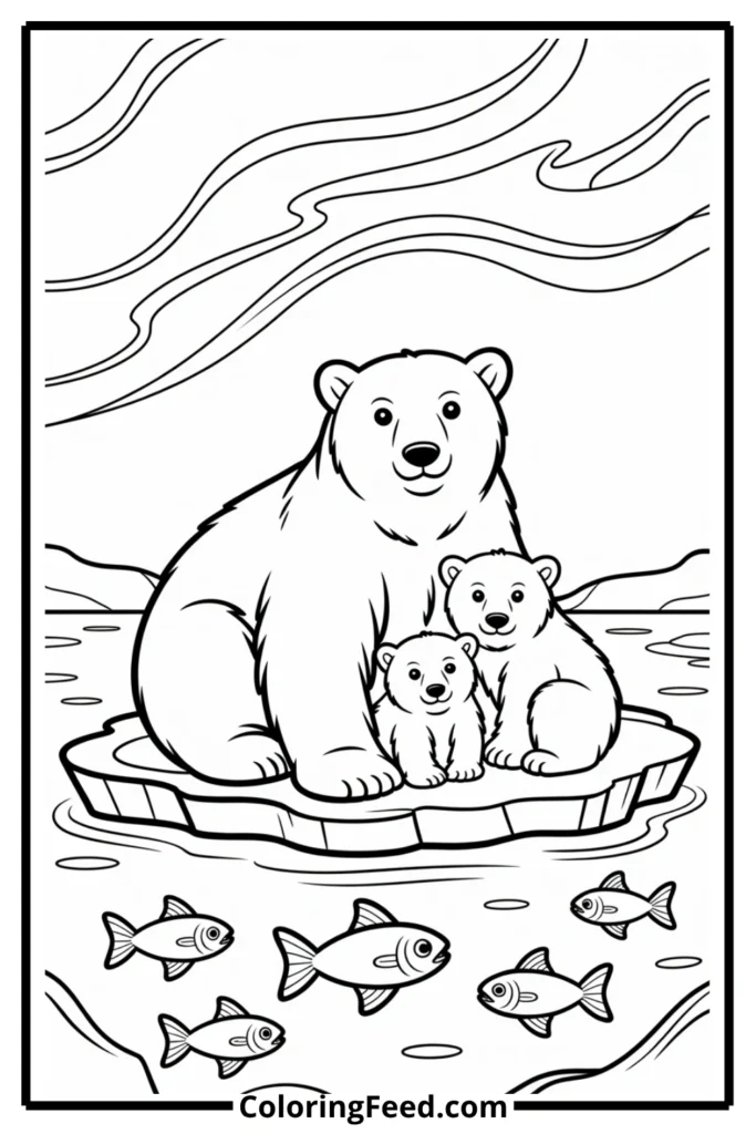 Polar Bear Family on Ice Coloring Page