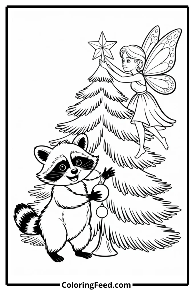 Raccoon and Fairy Decorating Tree Coloring Page