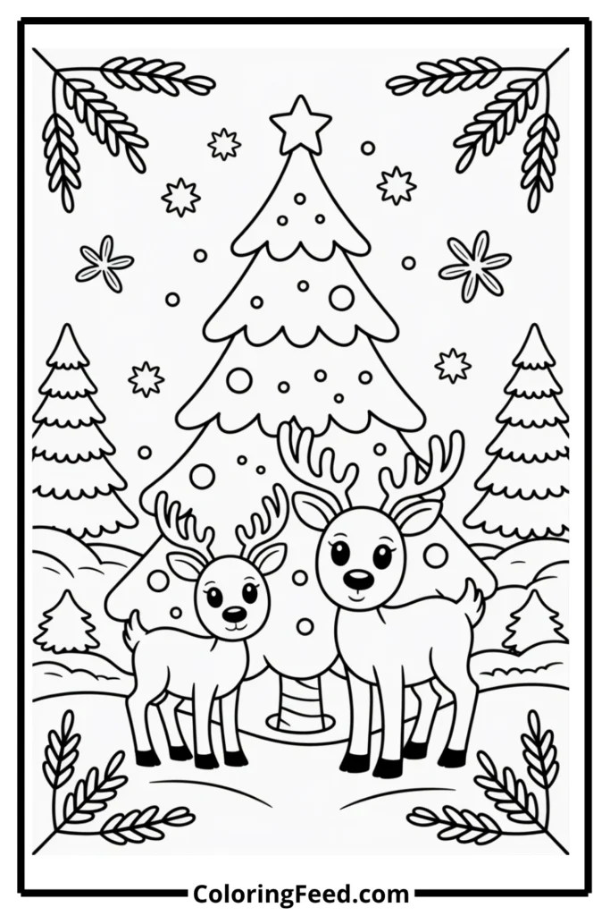 Reindeer Christmas Tree Coloring Page
