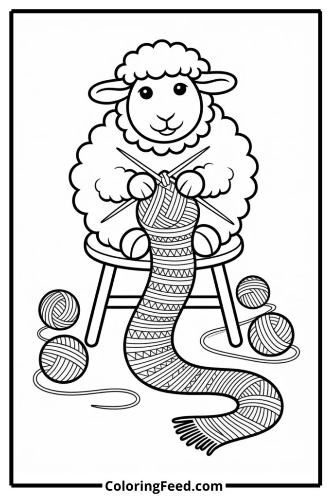 Sheep Knitting Scarf Coloring Page