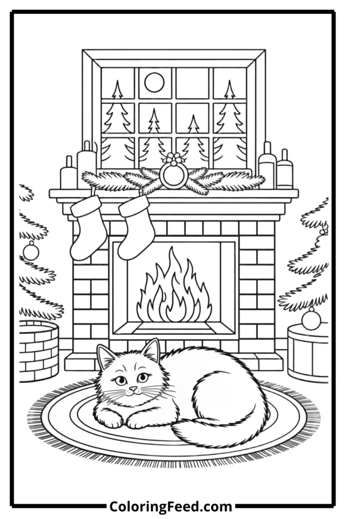 Sleepy Cat by the Fire Coloring Pages