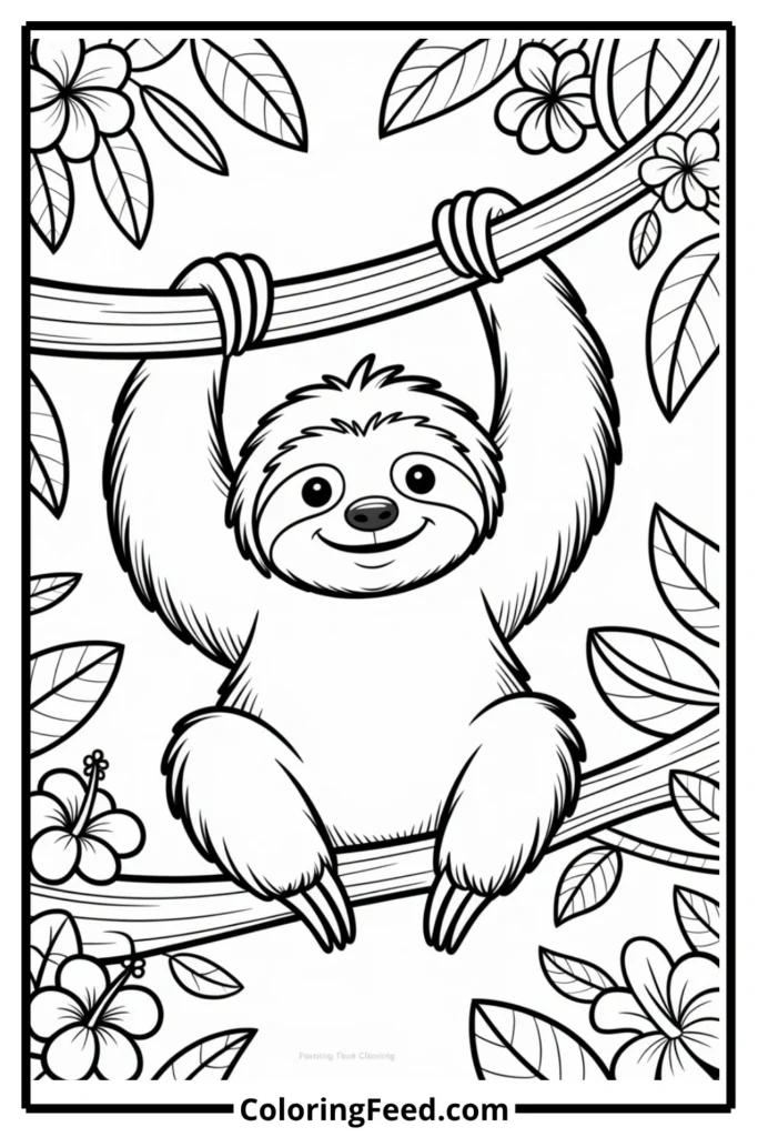 Sloth Hanging on Tree Coloring Page