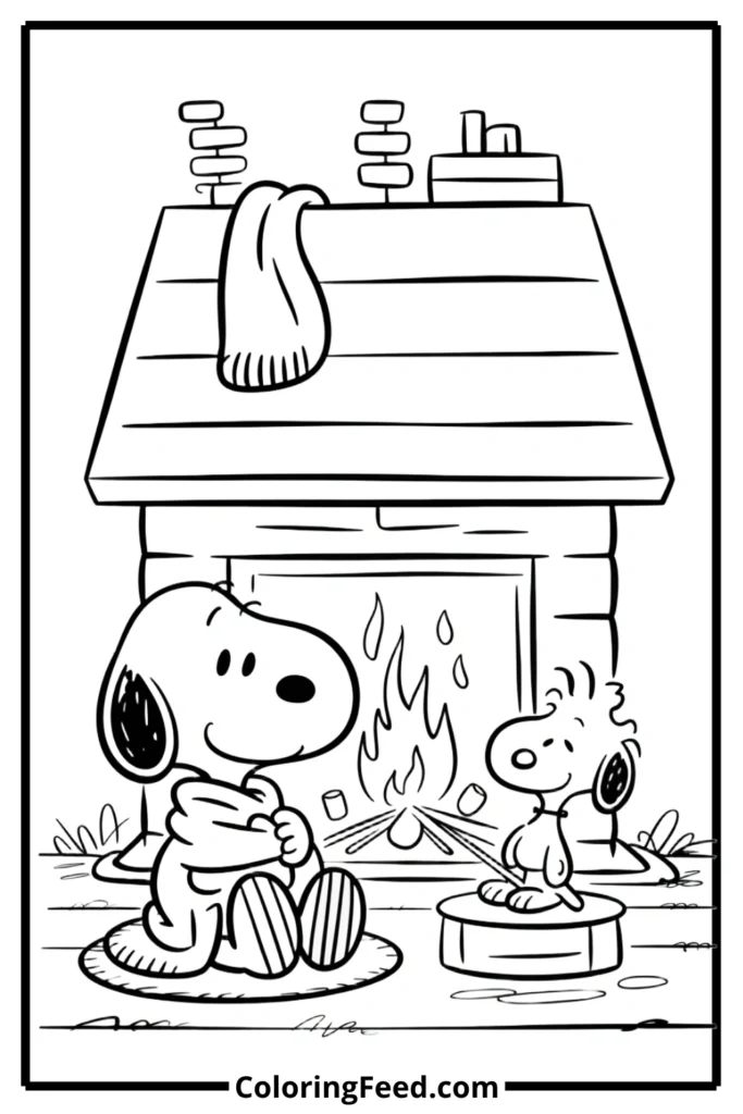 Snoopy Cozy Fireplace Coloring Pages