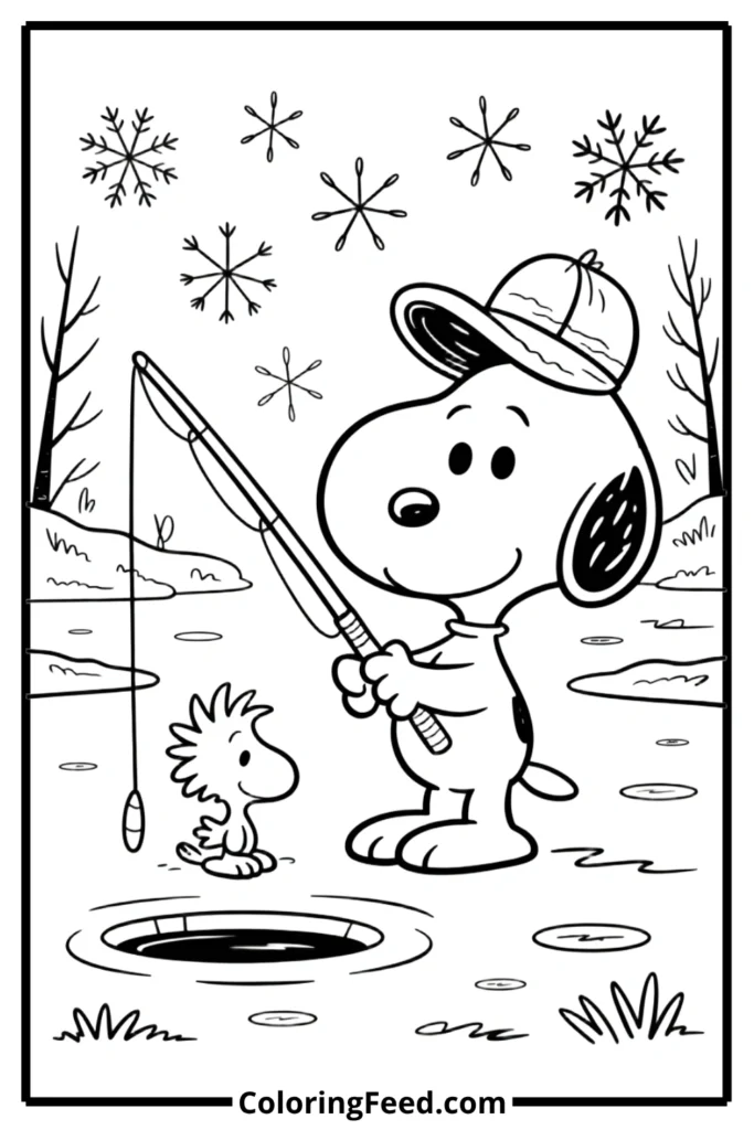 Snoopy and Woodstock Ice Fishing Coloring Pages